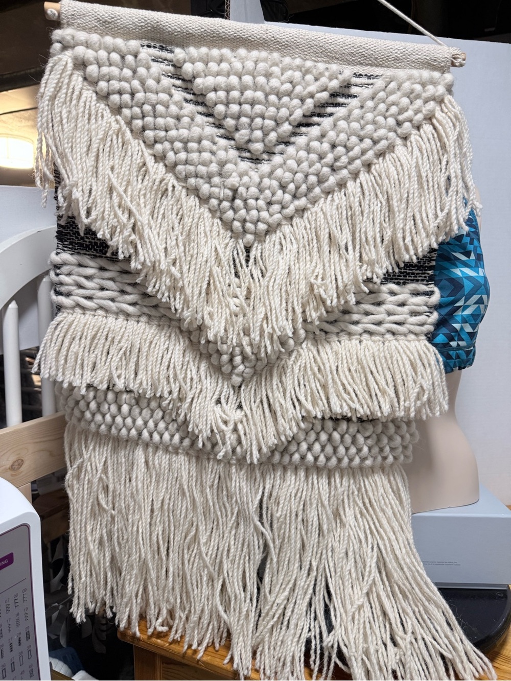 Cream Woven Macrame Wall Hanging with Fringe